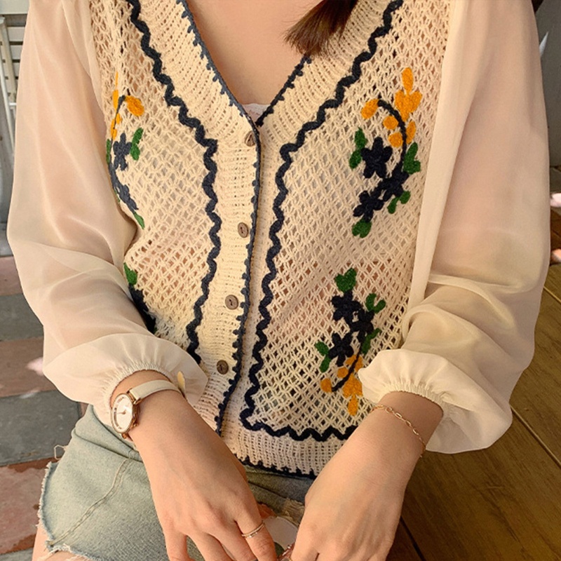 Áo Khoác Cardigan Dệt Kim Tay Dài Cổ Chữ V Phối Nút Thiết Kế Đục Lỗ Thời Trang