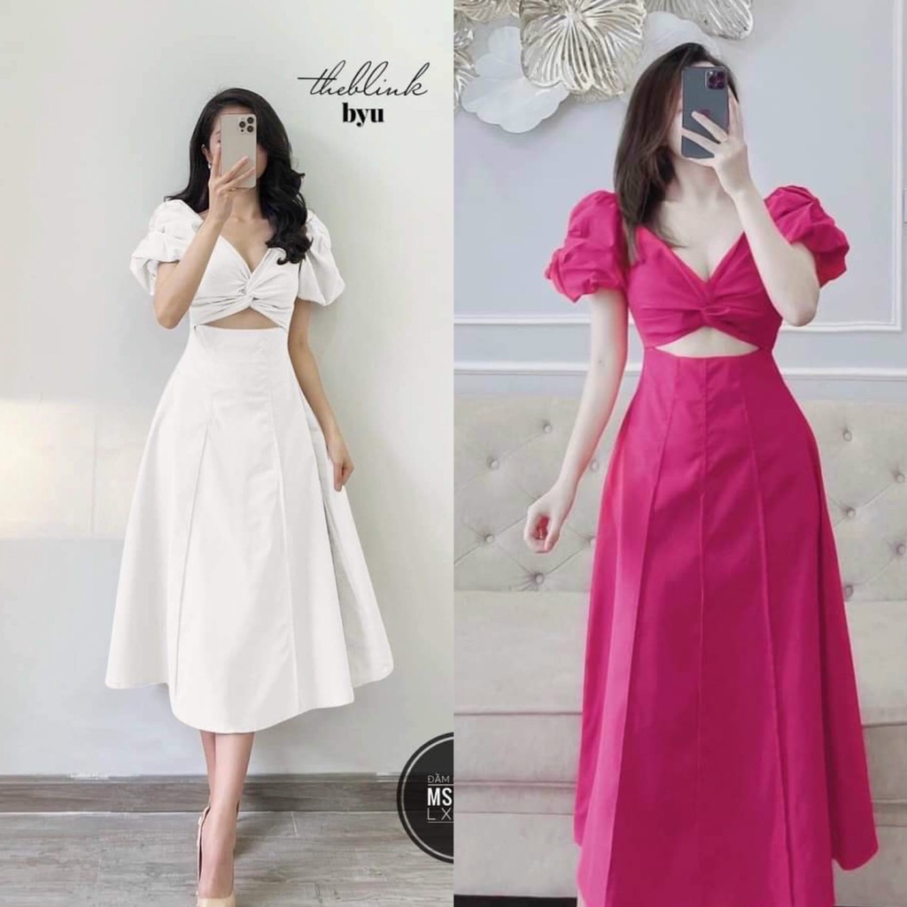 Đầm nữ cổ vuông tay ngắn phồng vai xoắn ngực khoét eo chất liệu lụa thời trang nữ năng động trẻ trung