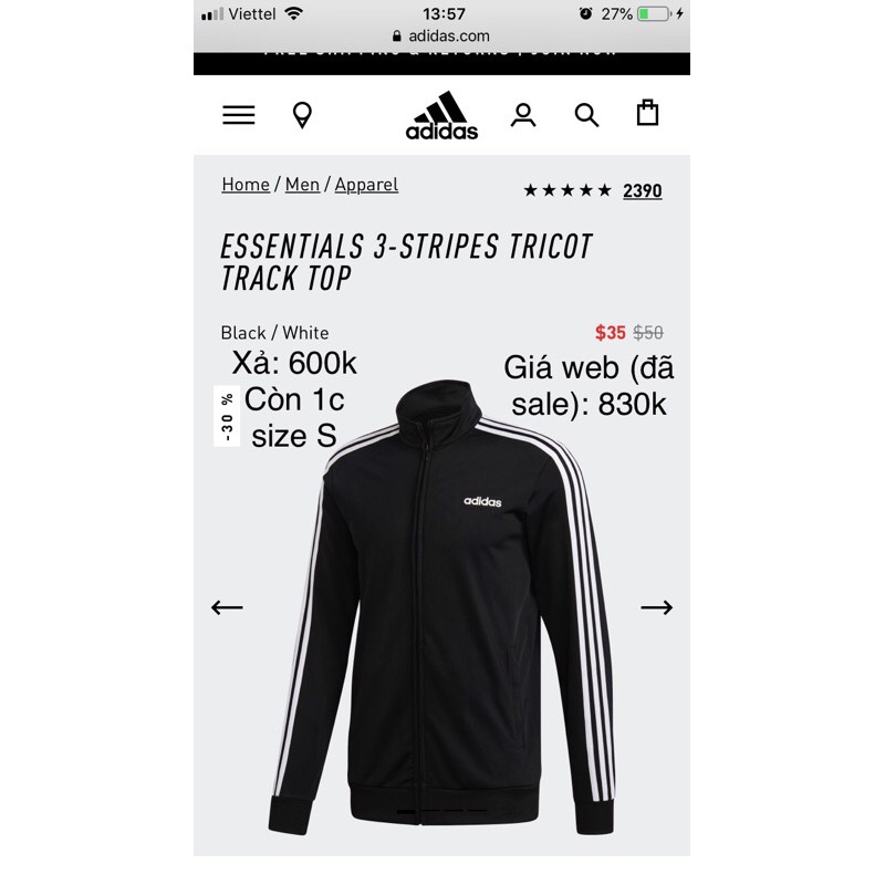 [CHÍNH HÃNG] Thanh lý Áo Adidas Essentials 3-Stripes Tricot Track Top