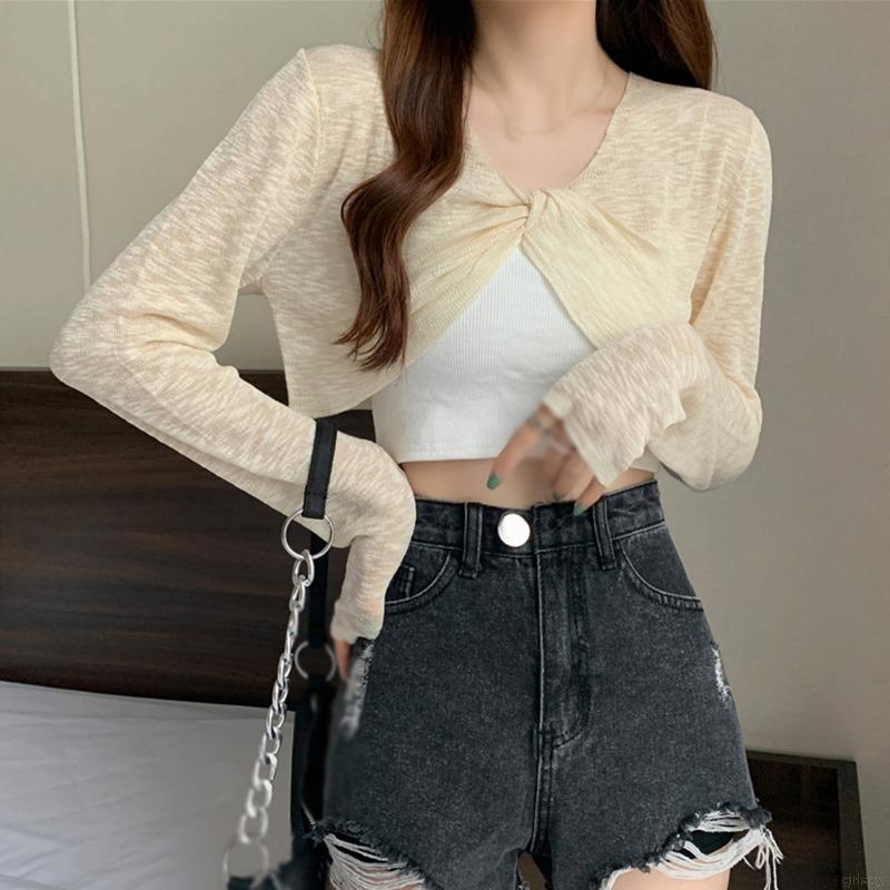 Áo Croptop Tay Dài Cổ Chữ V Phong Cách Hàn Quốc Thời Trang Cho Nữ