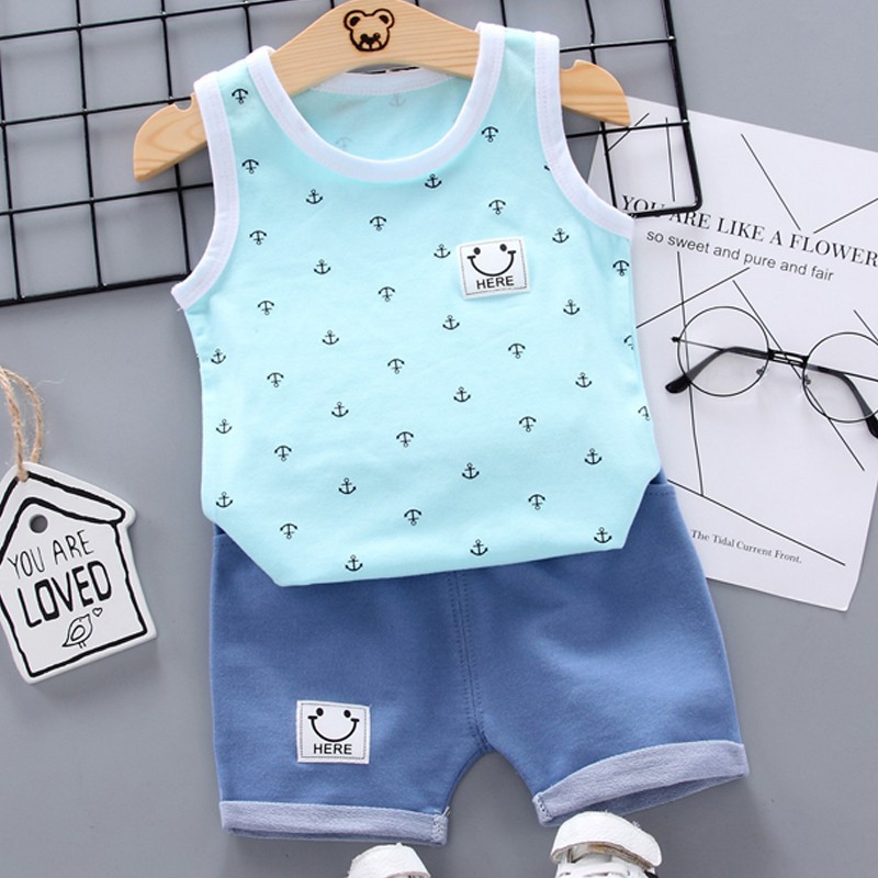 Bộ áo thun sát nách in hoa + quần ngắn denim cho bé trai