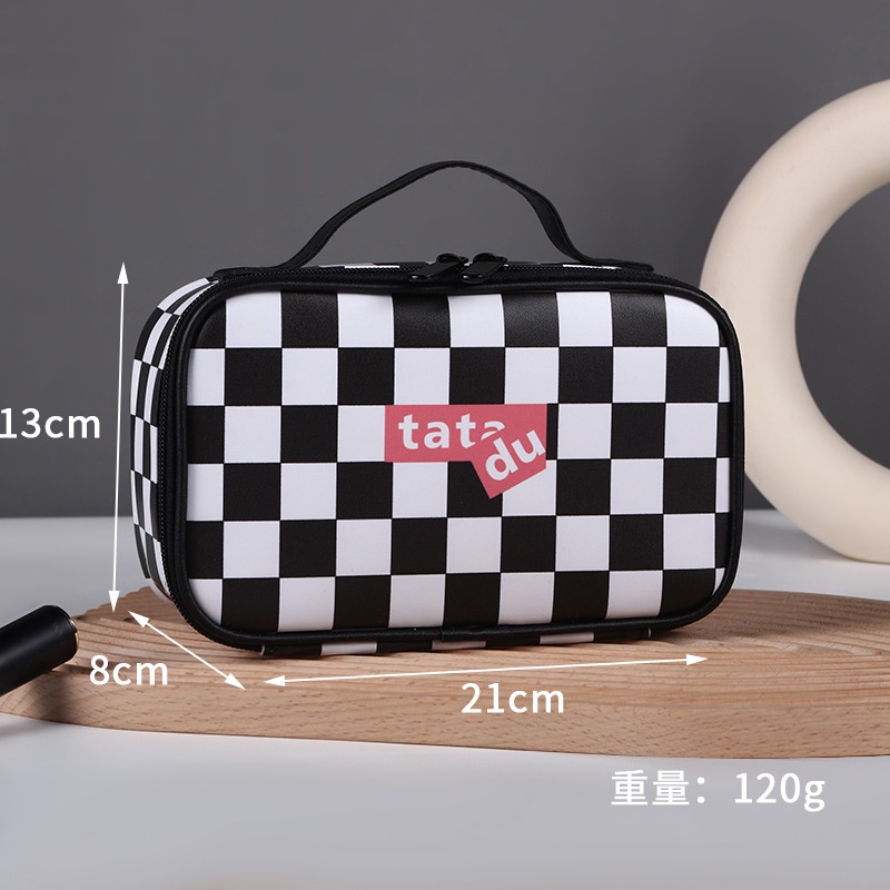 Túi Đựng Đồ Trang Điểm Nhiều Ngăn Sức Chứa Lớn Họa Tiết Sọc Caro Phong Cách Hàn Quốc Thời Trang