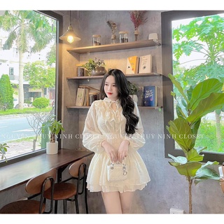 Đầm ren tơ bèo cổ 2 tầng dáng ngắn
