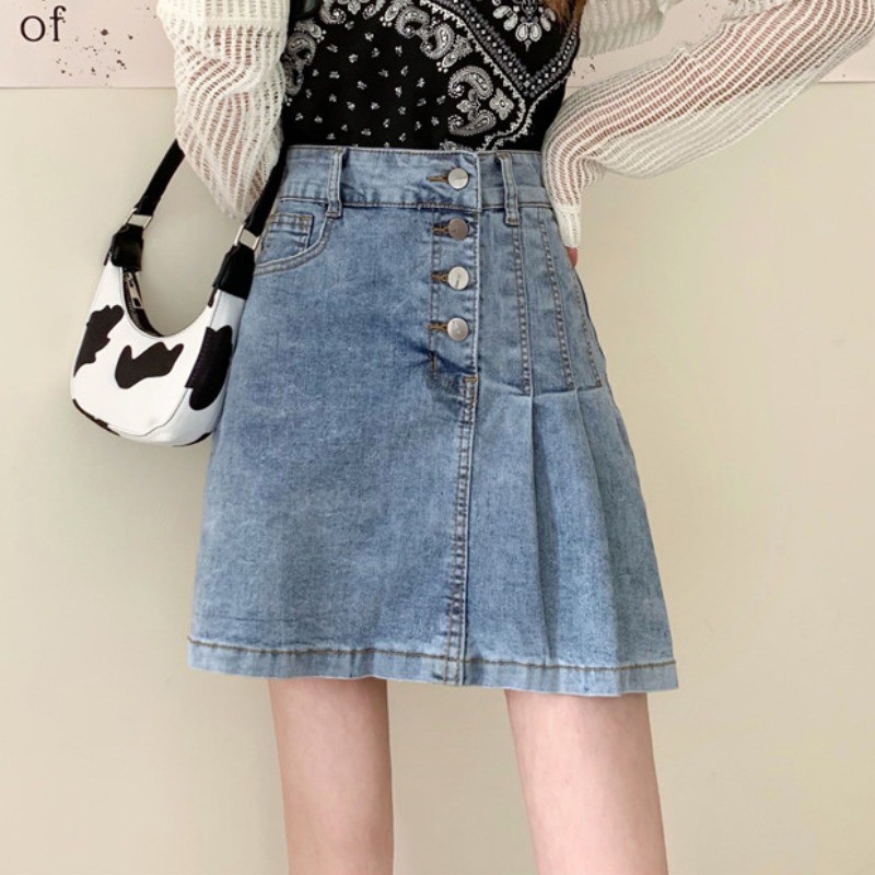 Chân Váy Bò Jeans Denim Ngắn Xếp Ly Cách Điệu Phối Cúc Dọc (CÓ ẢNH THẬT, HÀNG CÓ SẴN) | BigBuy360 - bigbuy360.vn