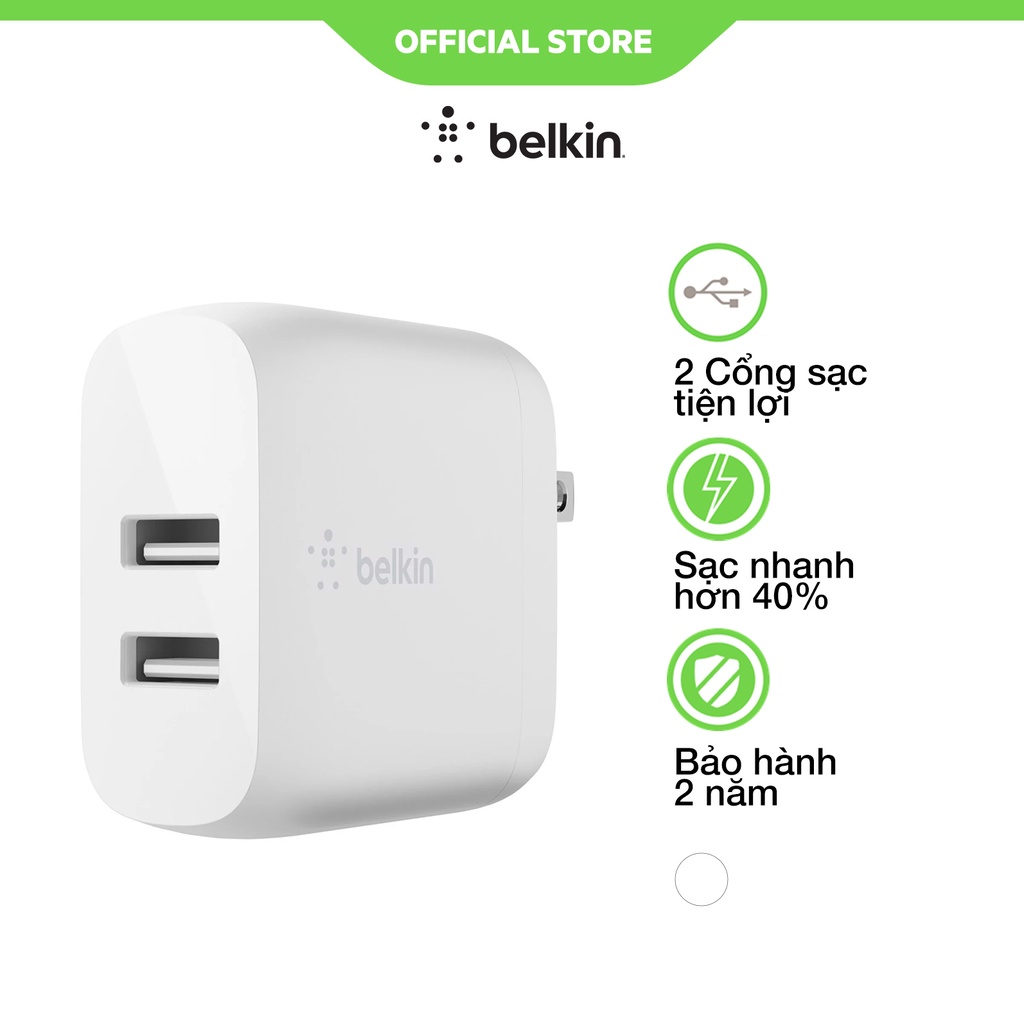 Củ sạc BOOST↑CHARGE™ Belkin Dual USB-A 24W - Hàng Chính Hãng - Bảo Hành 2 Năm - WCB002dqWH