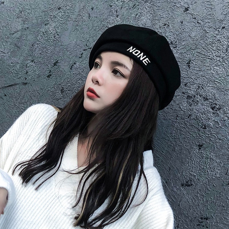 Mũ nồi, mũ beret da lộn thêu chữ None hàng dày dặn phong cách hàn quốc