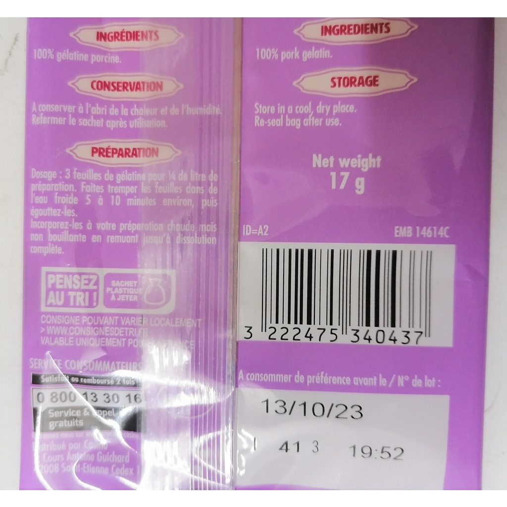 [Túi 17g (9 lá)] LÁ GELATIN THỰC PHẨM [France] CSN Gelatine Leaf (bph-hk)