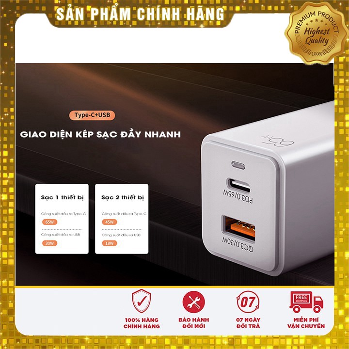 [ Giá siêu rẻ,chính hãng ] Sạc Nhanh Remax RP-U50 GaN 65W tích hợp 01 cổng USB A và 01 cổng USB C - sạc laptop, iphone