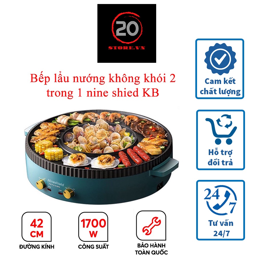 Bếp lẩu nướng đa năng - Bếp lẩu nướng không khói 2 trong 1 nineshied KB - 518 có 2 mâm nhiệt độc lập - Bảo hành 12 Tháng