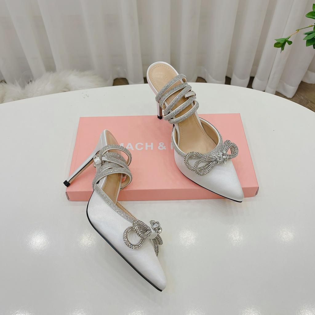 Sandal nữ cao gót, sandal lụa nơ đá dây quấn gót 10cm