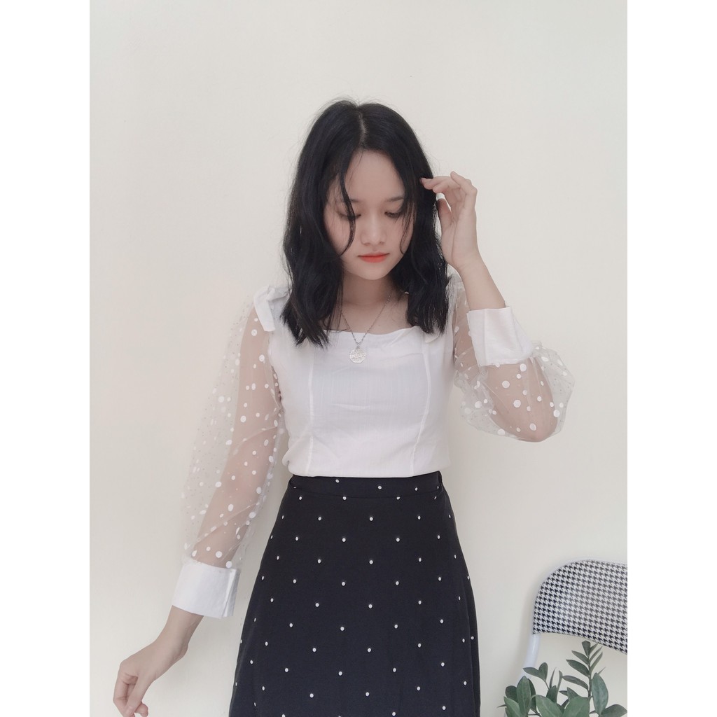 Áo kiểu cổ vuông phối tay ren chấm bi,đính nơ xinh xắn MSA3 cho bạn nữ ( ảnh thật)