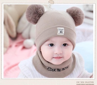 SET KHĂN MŨ LEN 2 QUẢ BÔNG KUTE CHO BÉ