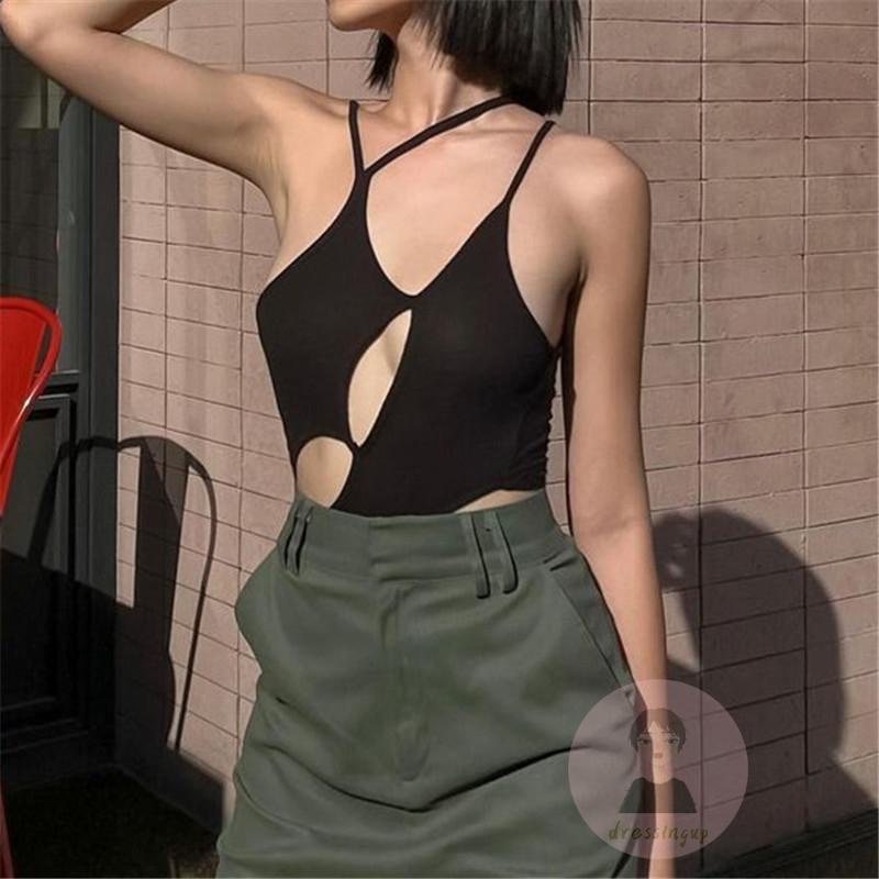 DRE-Women Irregular Backless Bodysuit,Ribbed Solid Color Spaghetti Strap Cutout Halter Bodysuit
