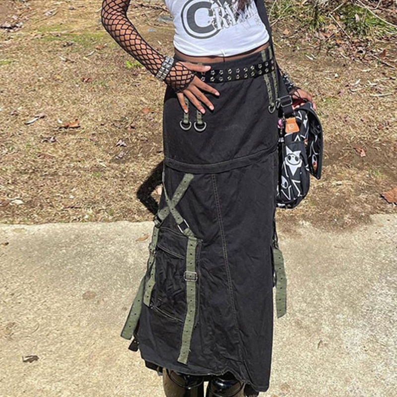 Chân Váy Midi Dáng Chữ A Lưng Thấp Phối Vòng Kim Loại Phong Cách Harajuku Gothic Punk Dành Cho Bạn Nữ