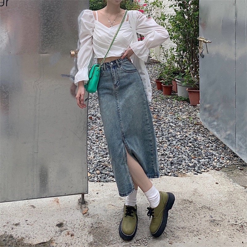 Urihouse -  Chân váy jeans dáng suông dài midi cạp cao xẻ tà phía trước | Chân váy jeans lưng ngắn