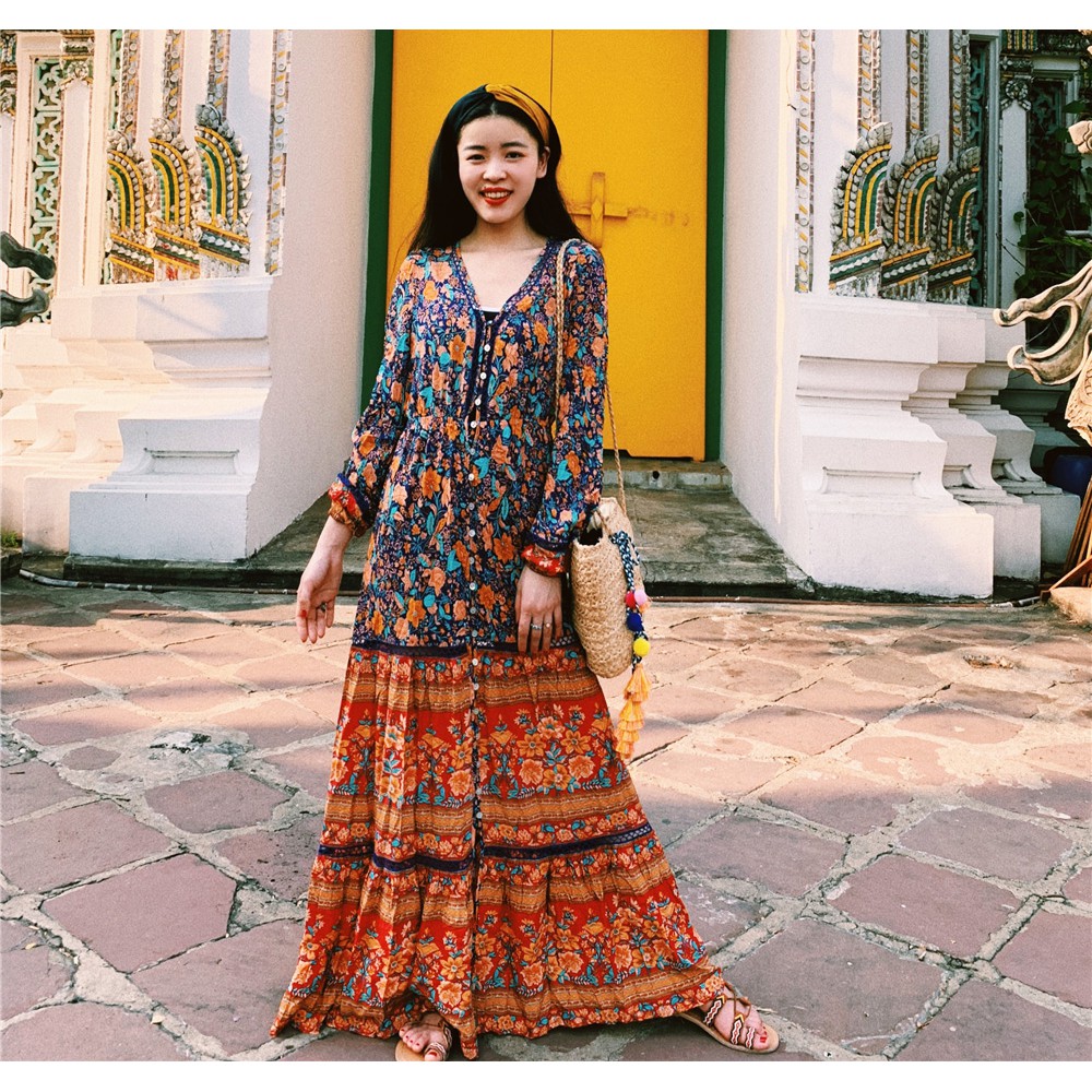 Váy maxi voan dáng dài tông cam họa tiết boho - MS045 (Có ảnh thật)