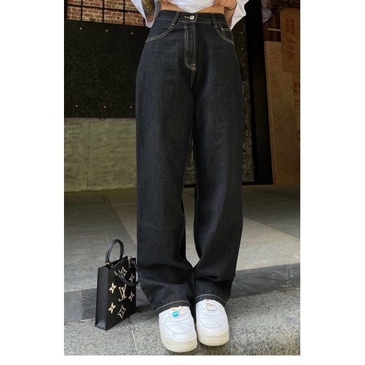 Varvet Quần Jeans Đen Ống Rộng Basic Phong Cách Thoải Mái Trendy Cá Tính Cạp Cao