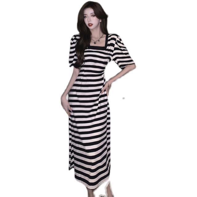 Đầm Dài Tay Ngắn Cổ Vuông Họa Tiết Kẻ Sọc Màu Sắc Tương Phản Thời Trang Mùa Hè Cho Nữ