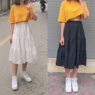 Chân váy tầng Ulzzang eo chun - Chân váy voan xòe dài qua gối