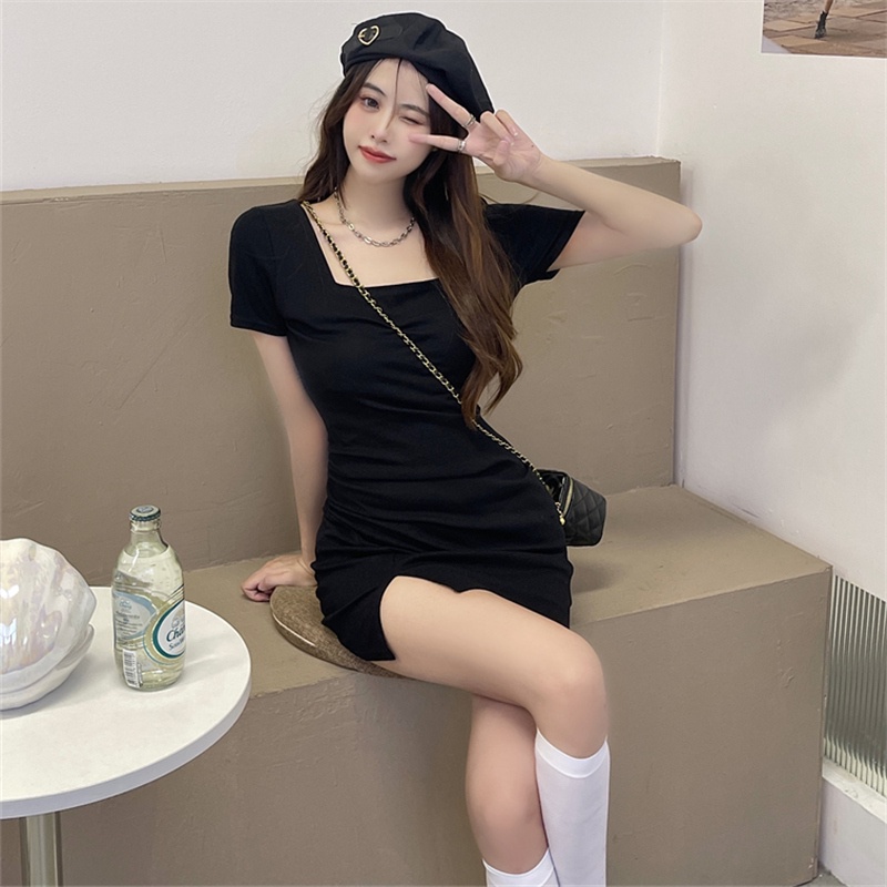 Đầm SUXI màu đen tay ngắn cổ vuông ôm dáng quyến rũ thời trang mùa hè