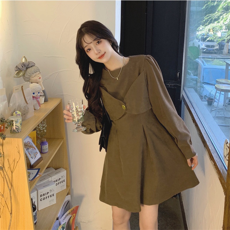 【ZHELIHANGFEI】Đầm Tay Phồng Giả Hai Lớp Nhấn Eo Phong Cách Retro