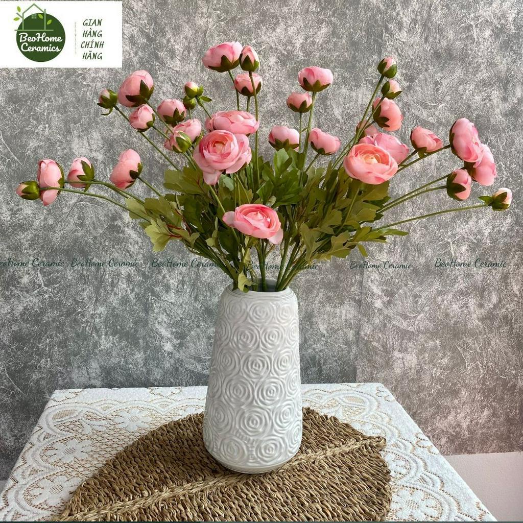 Bình Gốm Khắc Tay Họa Tiết Hoa Hồng Men Mộc Gốm Sứ Bát Tràng Cao 27cm Trang Trí Nội Thất Đẹp