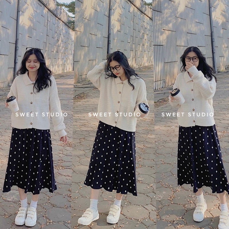 Áo len vải dệt cổ polo cúc đồng vintage xinh xắn
