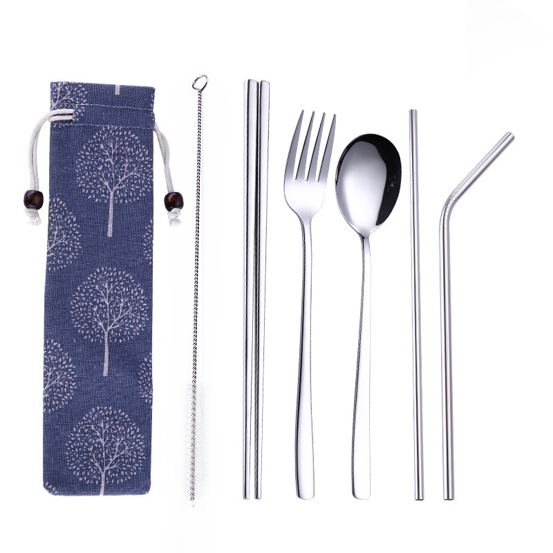 Bộ 7 món đũa muỗng nĩa ống hút inox kèm túi, làm từ chất liệu thép không gỉ 410
