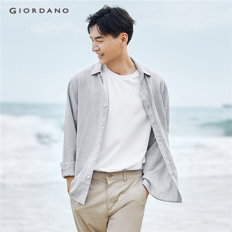 Áo Sơ Mi Nam GIORDANO 01041485 Bằng Vải Lanh Cotton Tay Dài Thanh Lịch