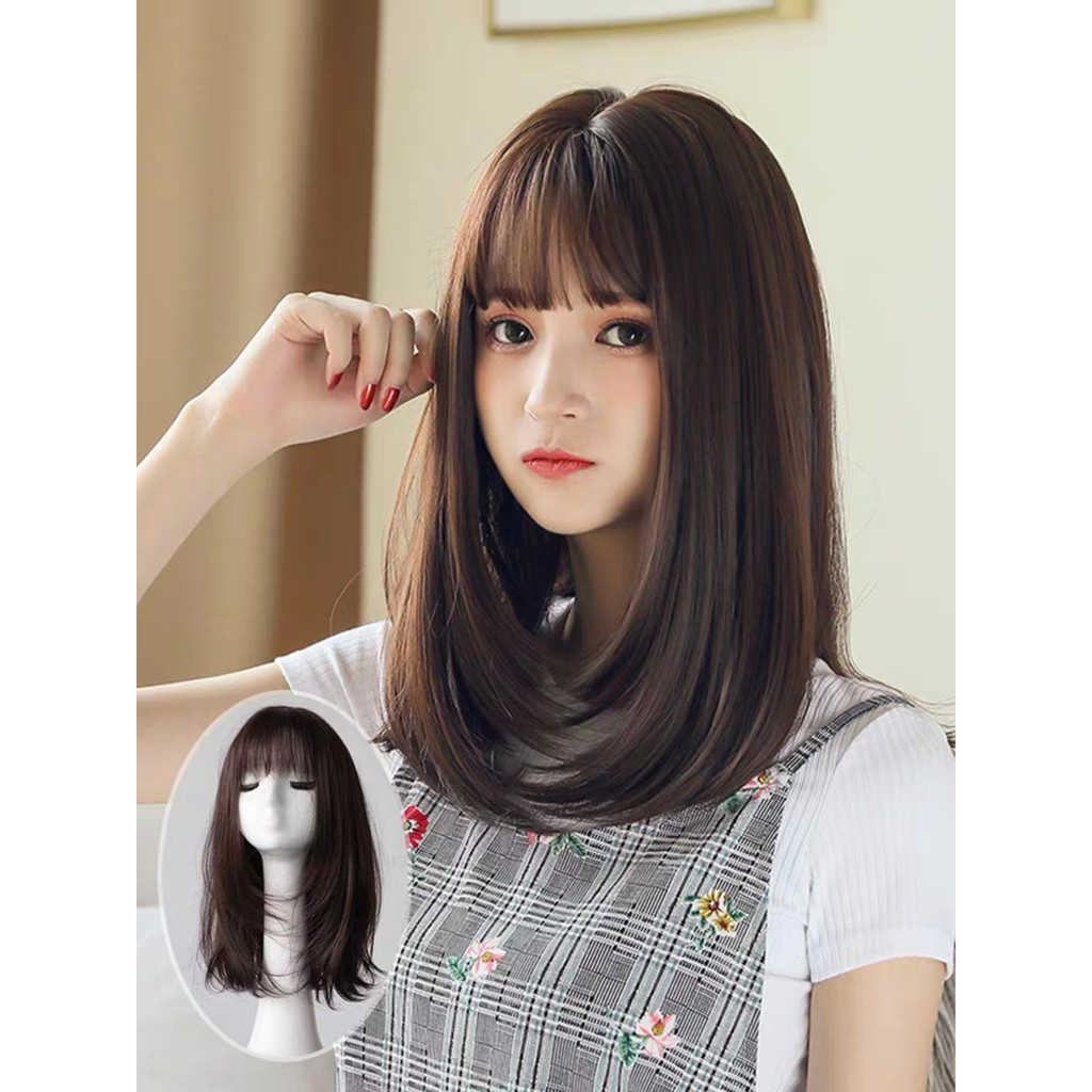 Tóc giả nữ nguyên đầu cup vai, tóc giả bộ cả đầu mái thưa thẳng