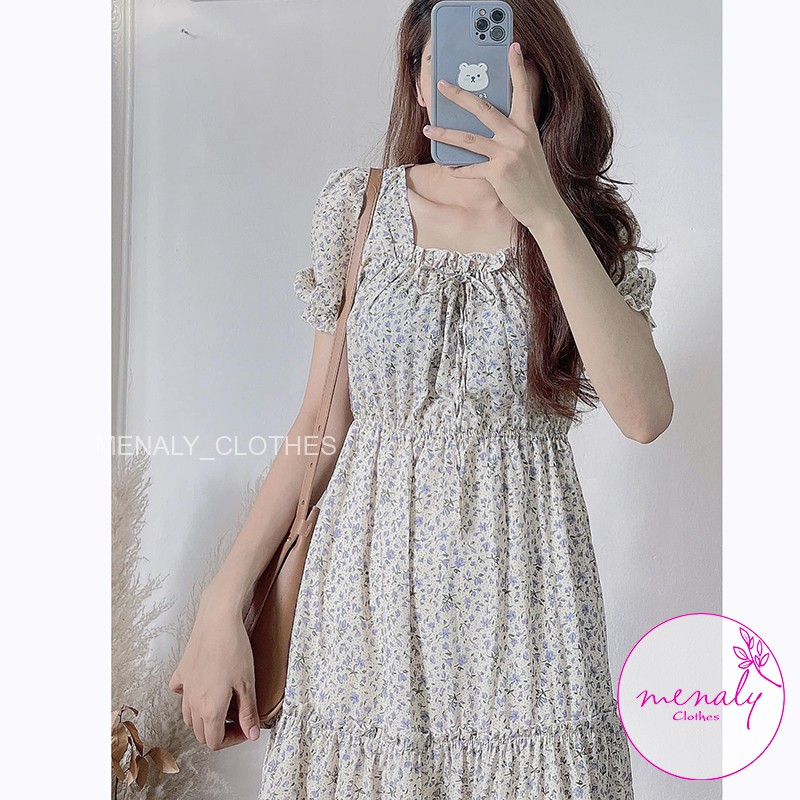Váy hoa nhí tiểu thư cổ vuông tay bồng ngắn VH043, mẫu váy đầm 2 lớp nữ dáng xòe tầng nữ tính cổ nơ