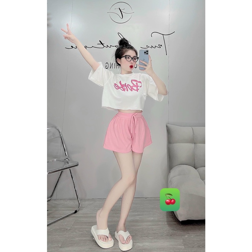 Set bộ áo croptop form rộng borbie kèm quần short gân xòe ngpna