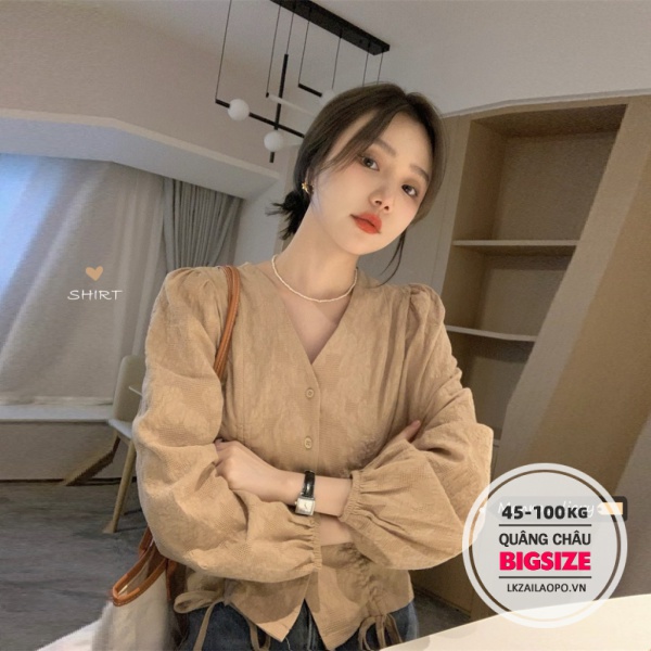 Áo sơ mi nữ bigsize 45-100kg, Áo Sơ mi kiểu nữ đẹp cá tính tay dài cổ chữ v Phong cách Hàn Quốc vintage thiết kế dây rút - quảng châu cao cấp