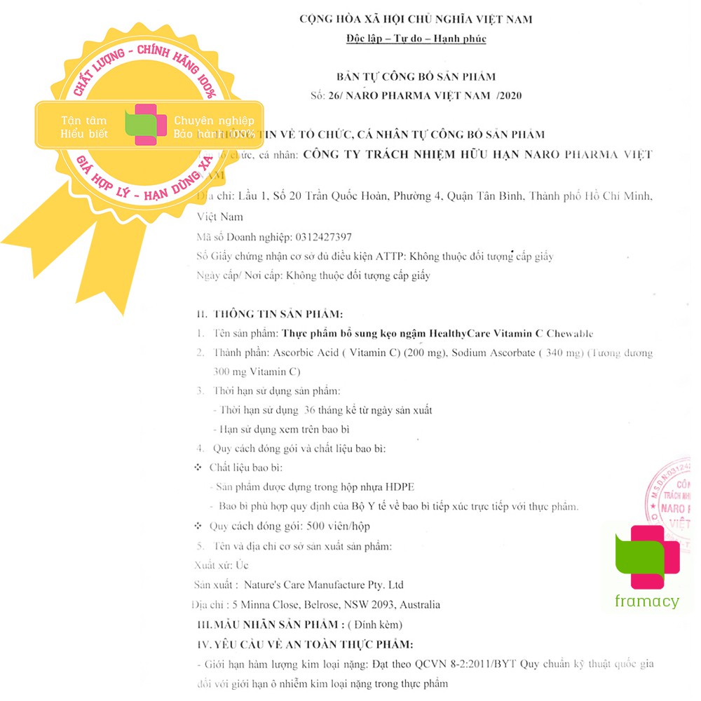 Viên uống Healthy Care Vitamin C 500mg, Úc (500v) tăng cường đề kháng, đẹp da cho người từ 2 tuổi trở lên | BigBuy360 - bigbuy360.vn