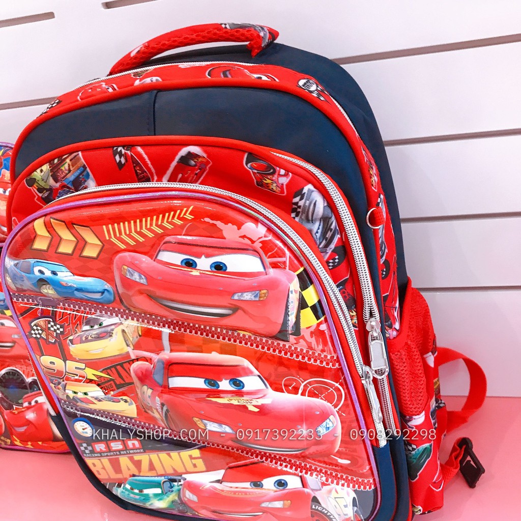 Set 3 món balo 16" 3 ngăn, hộp bút và túi đeo chéo hình xe đua Car95 McQueen màu đỏ cho học sinh, bé trai - 159NCAR2125