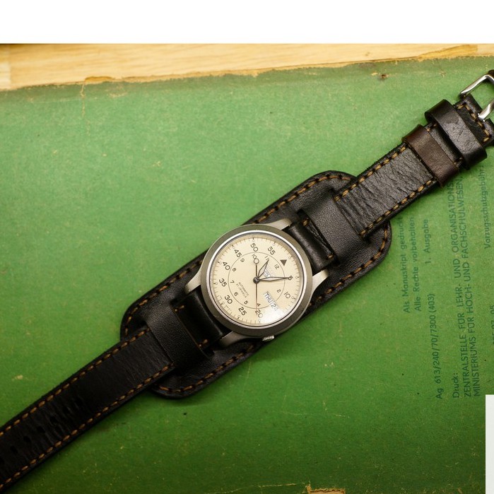 Dây đồng hồ da bò đen tuyền RAM Leather b1+black - Tặng khóa, chốt, cây thay dây