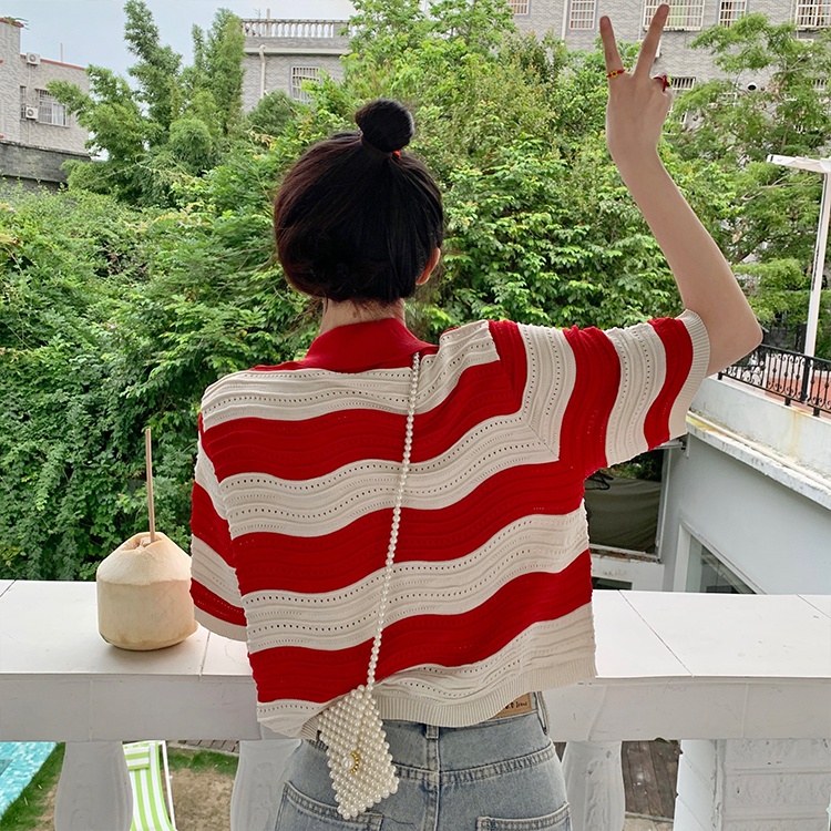 Áo thun polo ZHELIHANGFEI vải dệt kim tay ngắn họa tiết kẻ sọc màu sắc tương phản cá tính