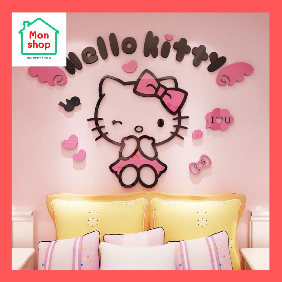 Tranh dán tường mica 3D kitty, hello kity trang trí phòng bé gái, trang trí phòng ngủ cực xinh, decal mica mèo hồng kity