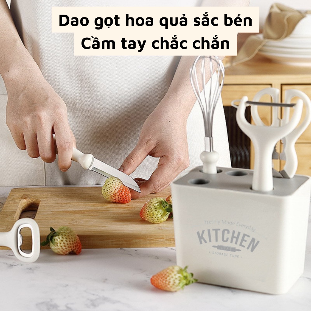 Bộ dụng cụ nhà bếp 6 món đồ dùng tiện lợi nấu ăn gồm dao gọt dao nạo vỏ kéo mở bia đánh trứng có kệ cắm
