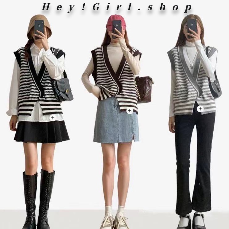 Áo Len Không Tay Cổ Chữ V Dáng Rộng Họa Tiết Kẻ Sọc Thời Trang Hàn Quốc Cho Nữ | BigBuy360 - bigbuy360.vn