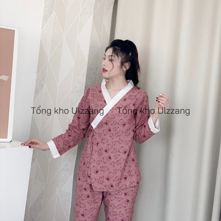 Bộ Ngủ Pijama Kimono Dài Tay Phối Viền Họa Tiết Dễ Thương
