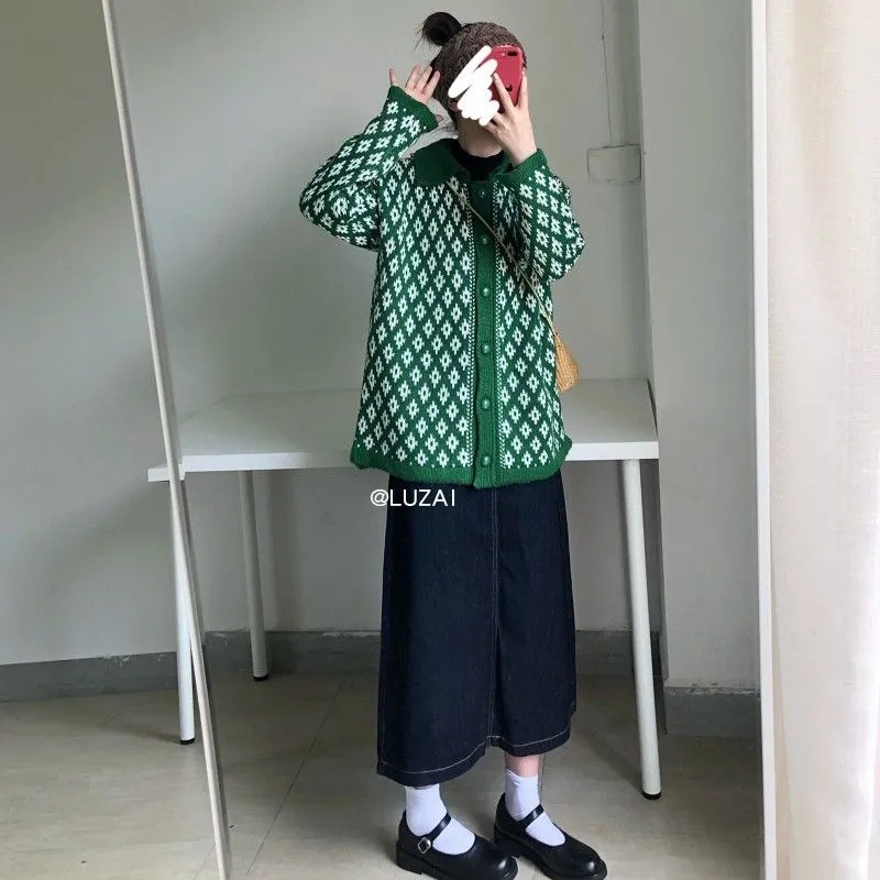 Áo Khoác Cardigan Dệt Kim Dáng Rộng Plus Size Phong Cách Retro Hàn Quốc Thời Trang Thu Đông Cho Nữ 2021
