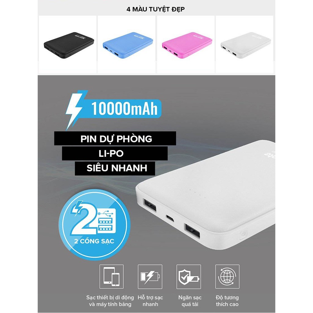 Sạc dự phòng  Promate Voltag-10 10000mAh - Cổng Sạc UltraFast (5V/2.1A & 5V/1A) Siêu Nhỏ Gọn