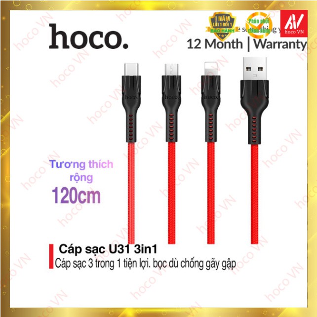 Cáp sạc Hoco U31 3 in 1 (Lightning+Micro+Type-C) tương thích tất cả các các dòng điện thoại dài 1.2m