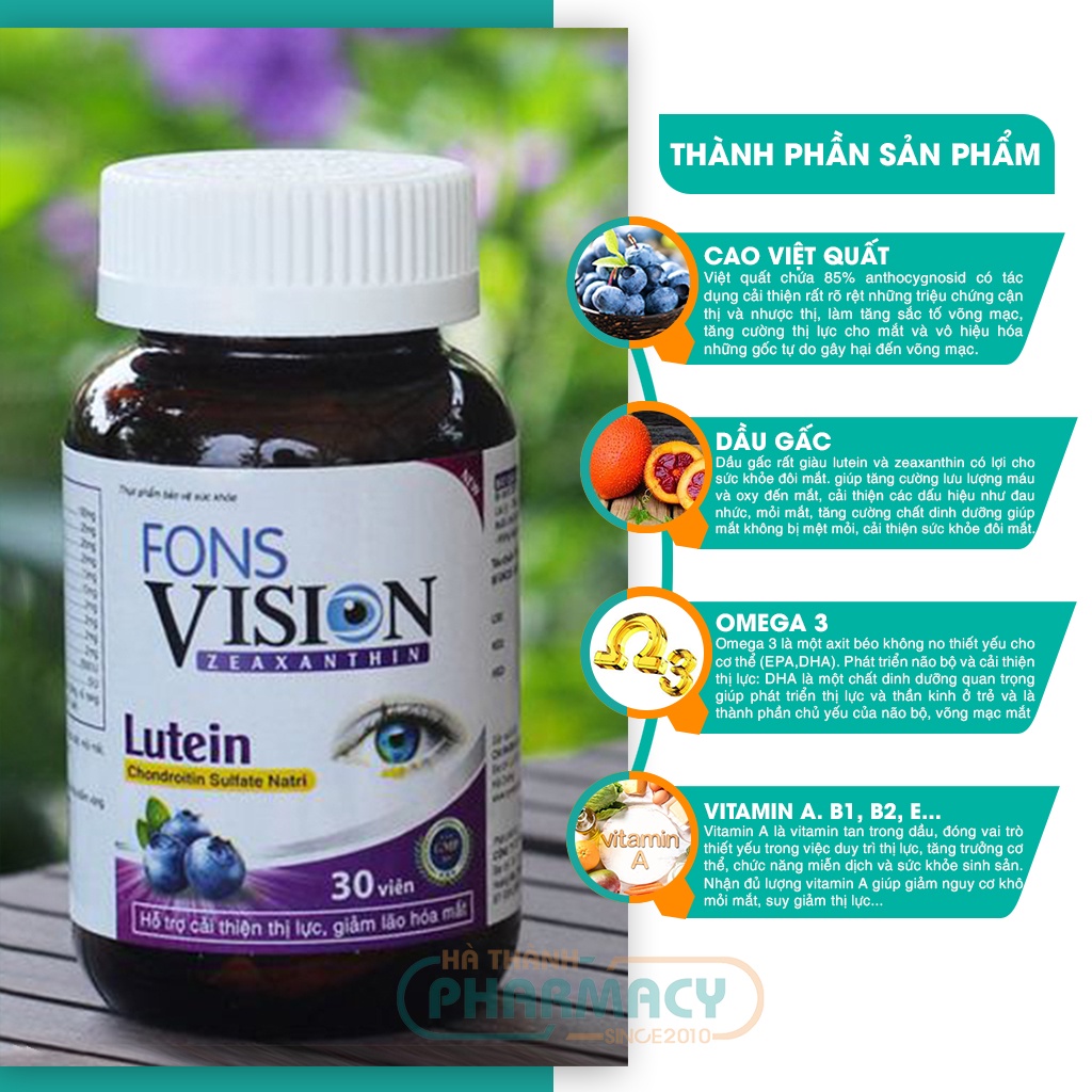 Viên uống bổ mắt Fons Vision cung cấp vitamin chăm sóc sức khỏe cho mắt sáng hết khô nhức mỏi mắt - Hộp 30 viên