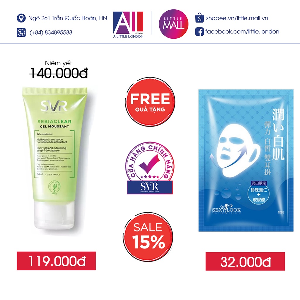 Gel rửa mặt không xà phòng,làm sạch SVR sebiaclear gel moussant TẶNG mặt nạ Sexylook / bông tẩy trang Jomi