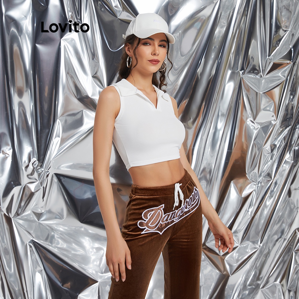 Lovito Áo crop top cổ chữ V màu trơn L09065 | BigBuy360 - bigbuy360.vn