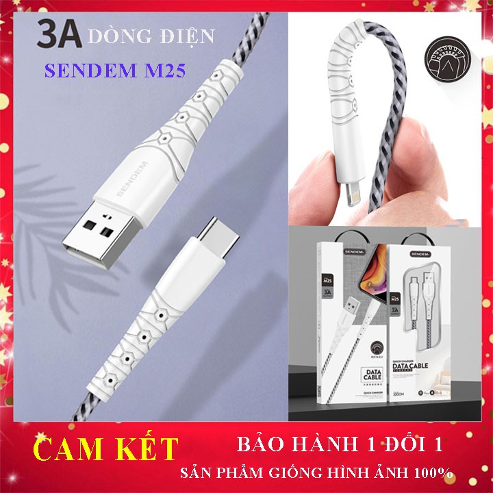 Cáp sạc Sendem M25 😍😍FREE SHIP😍 thiết kế dây dù chống đứt siêu bền, sạc nhanh, bảo hành dây sạc 1 năm, giá rẻ