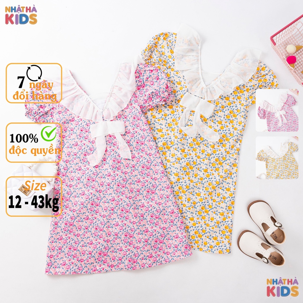 Váy bé gái T4 hoa nhí size đại 12-43kg chất liệu thô mềm cổ ren thắt nơ điệu đà cho bé