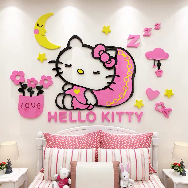 Tranh dán tường mica 3D Hello kitty và khung ảnh trang trí mầm non,khu vui chơi trẻ em, phòng cho bé